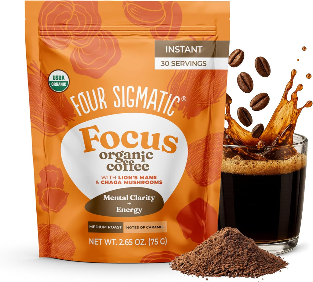 Four Sigmatic Organic Mushroom Coffee | Instant Mushroom Coffee Mix with Lion's Mane, Chaga and Rhodiola for Better Focus and Immune Support | 30 Serving Bag