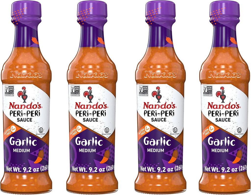Nando's PERi PERi Garlic Sauce - Medium Heat Tangy Flavor | Gluten Free Hot Sauce, 9.1 oz Bottles (4 Pack)