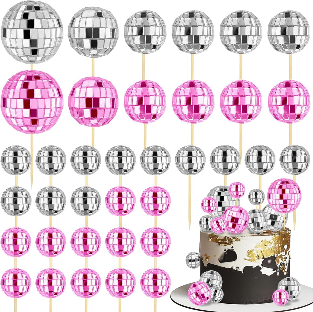 36 PCS Disco Ball Cupcake toppers 1970s Retro Cake Decorations Shiny Mini Disco Ball Picks for Disco Theme Party Dessert Birthday Decorations Ornament