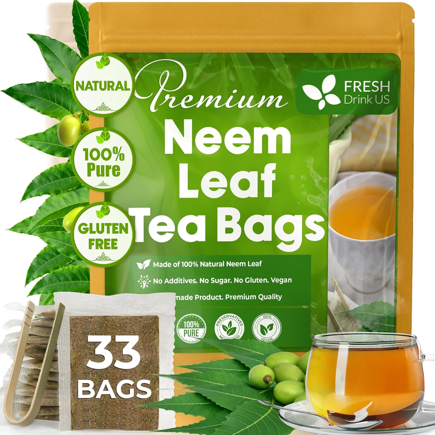 FreshDrinkUS, Premium 33 Neem Leaf Tea Bags, 100% Natural and Pure from Neem Leaves. Herbal Tea. No Sugar, No Caffeine, No Gluten, Vegan.