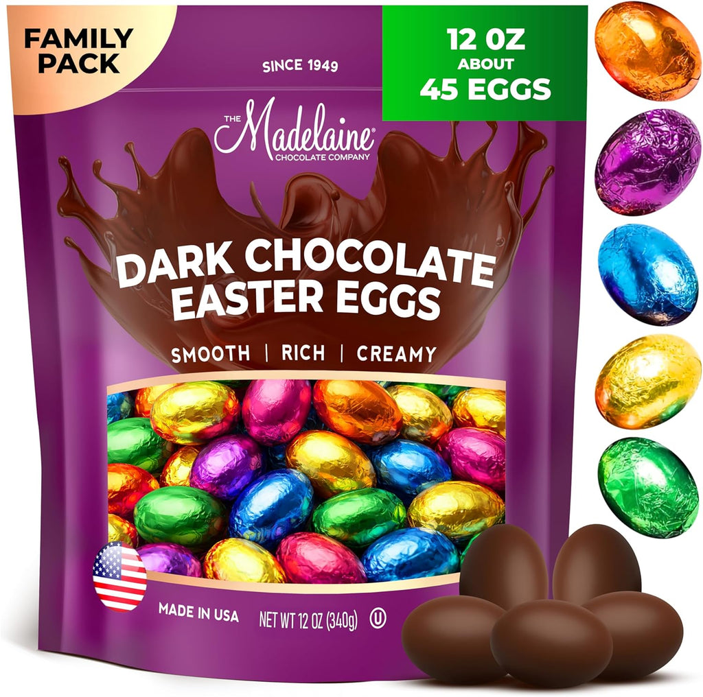 Madelaine Chocolates Easter Eggs - (12 Oz) Solid Premium Dark Chocolate Eggs Foiled In Assorted Solid Jewel-tone Colors - Traditional Easter Basket Mainstays
