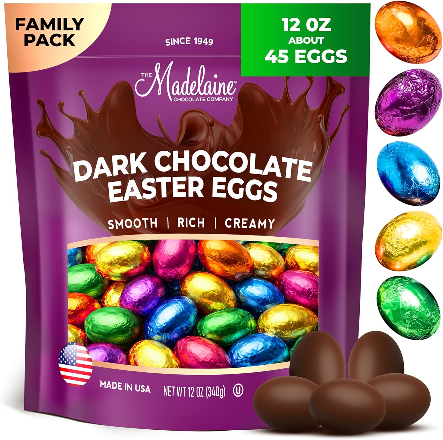 Madelaine Chocolates Easter Eggs - (12 Oz) Solid Premium Dark Chocolate Eggs Foiled In Assorted Solid Jewel-tone Colors - Traditional Easter Basket Mainstays