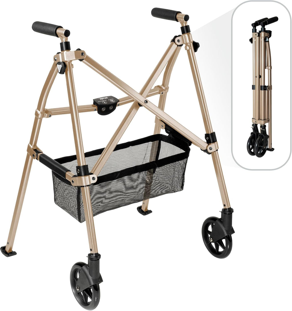 Stander Wonder Walker Plus, Lightweight Folding Mobility Aid for Adults, Seniors, and Elderly, Collapsible Travel EZ Fold-N-Go with Wheels, Glides, & Basket, Desert Sand
