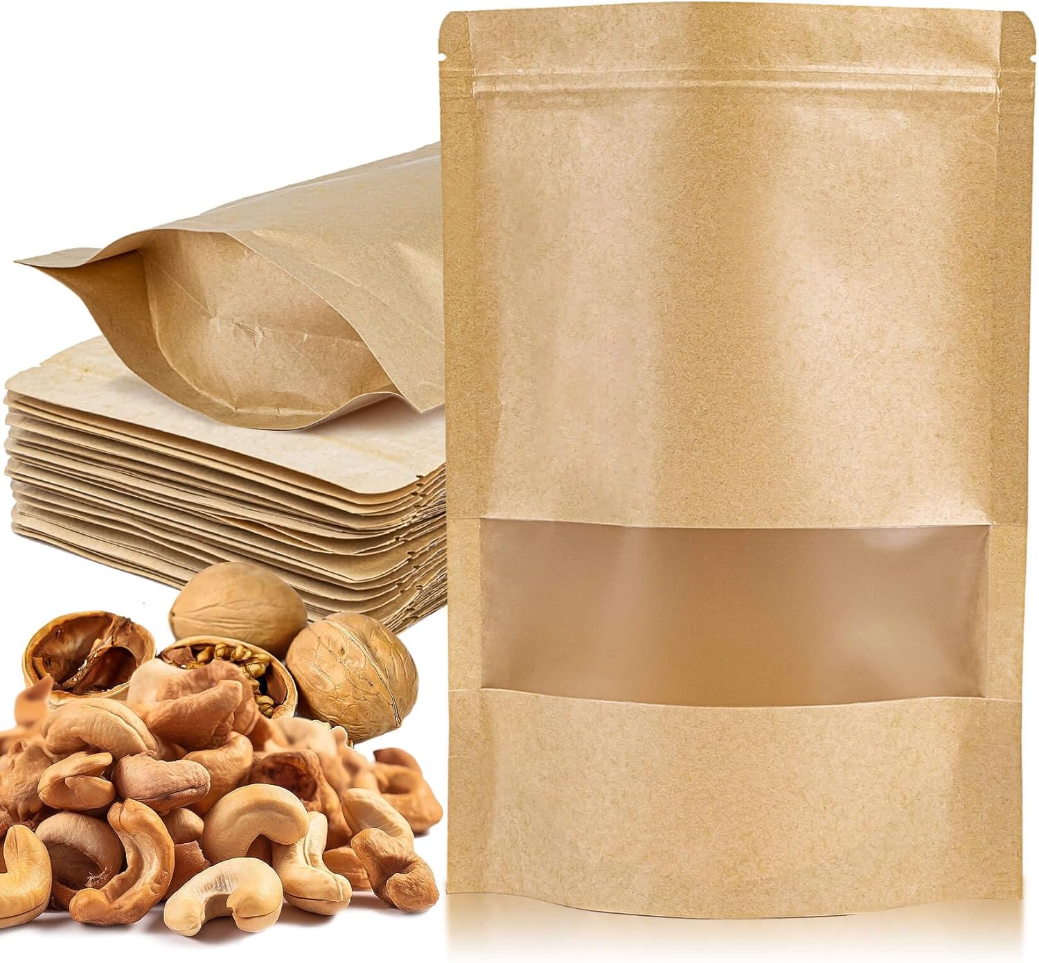 MAQIHAN 24 Stand Up Pouches Bags - 7"×10" Resealable Ziplock Kraft Paper Bags with Window Food Packaging Homemade Bagel Bread Cookie Candy Tea Herb Spice Coffee Jerky Dog Treat Small Business