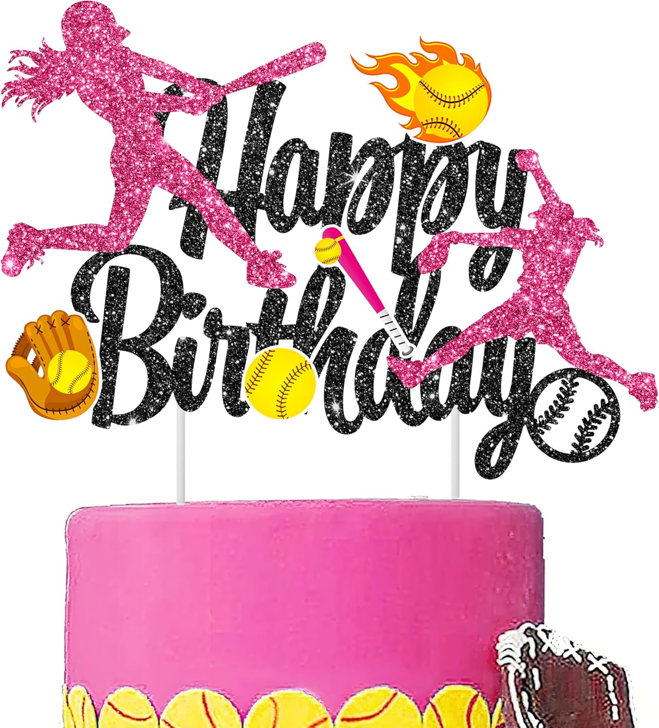 Softball Black Happy Birthday Cake Topper Softball Birthday Party Decoration Softball Themed Party Cake Topper for Girls Softball Baby Shower Decoration Sport Party Supplies