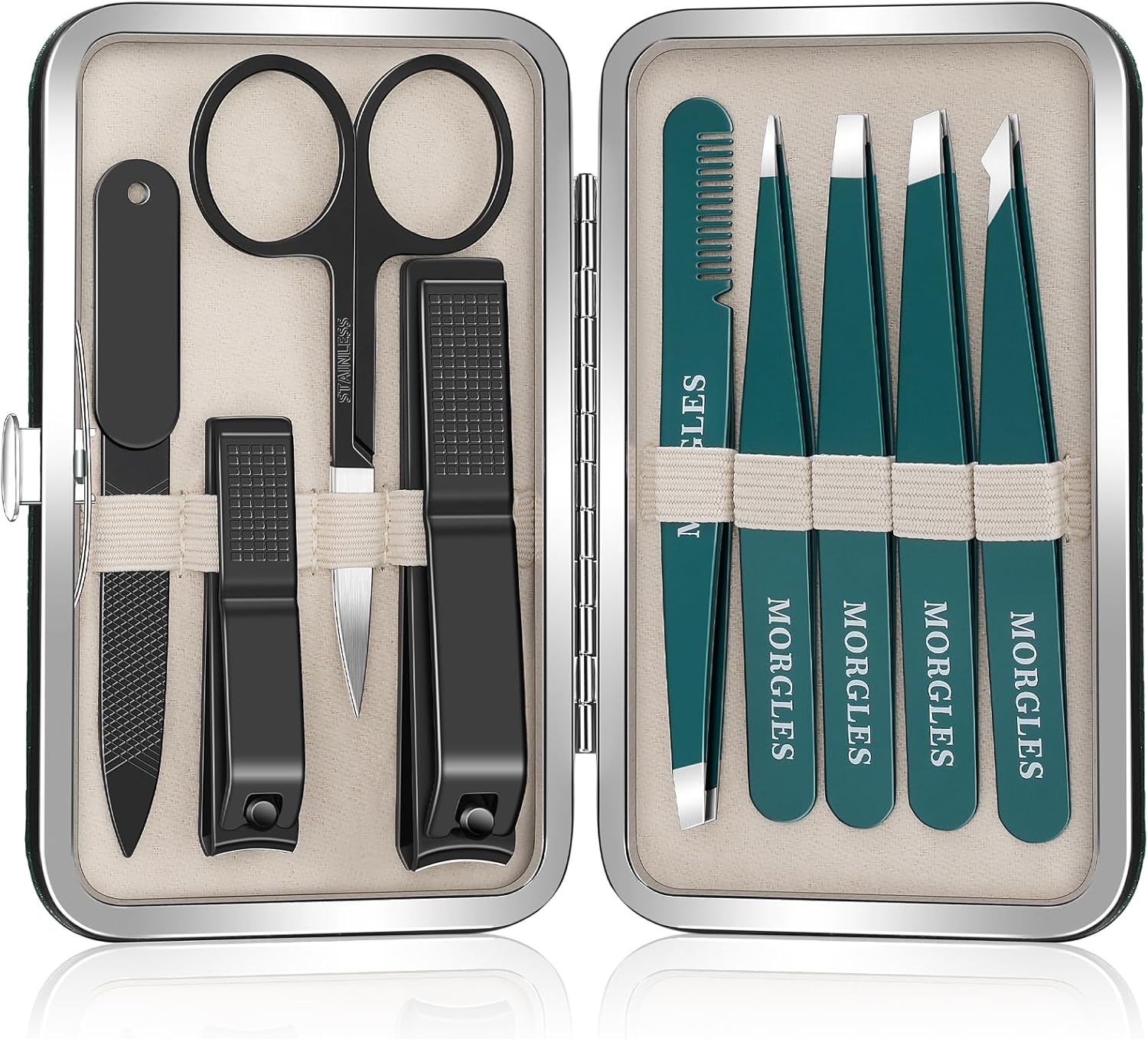 MORGLES Tweezers Set for Eyebrows, 9 Pcs Precision Stainless Steel Tweezers and Professional Nail Clippers Set for Men with Leather Travel Case