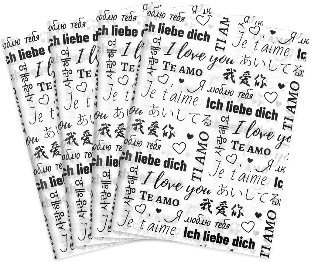 MR FIVE 100 Sheets Black I Love You Tissue Paper Bulk,14" x 20",White with Black Multi-Language Design Tissue Paper for Gift Bags Birthday,Valentine's,Mother's Day,Weddings