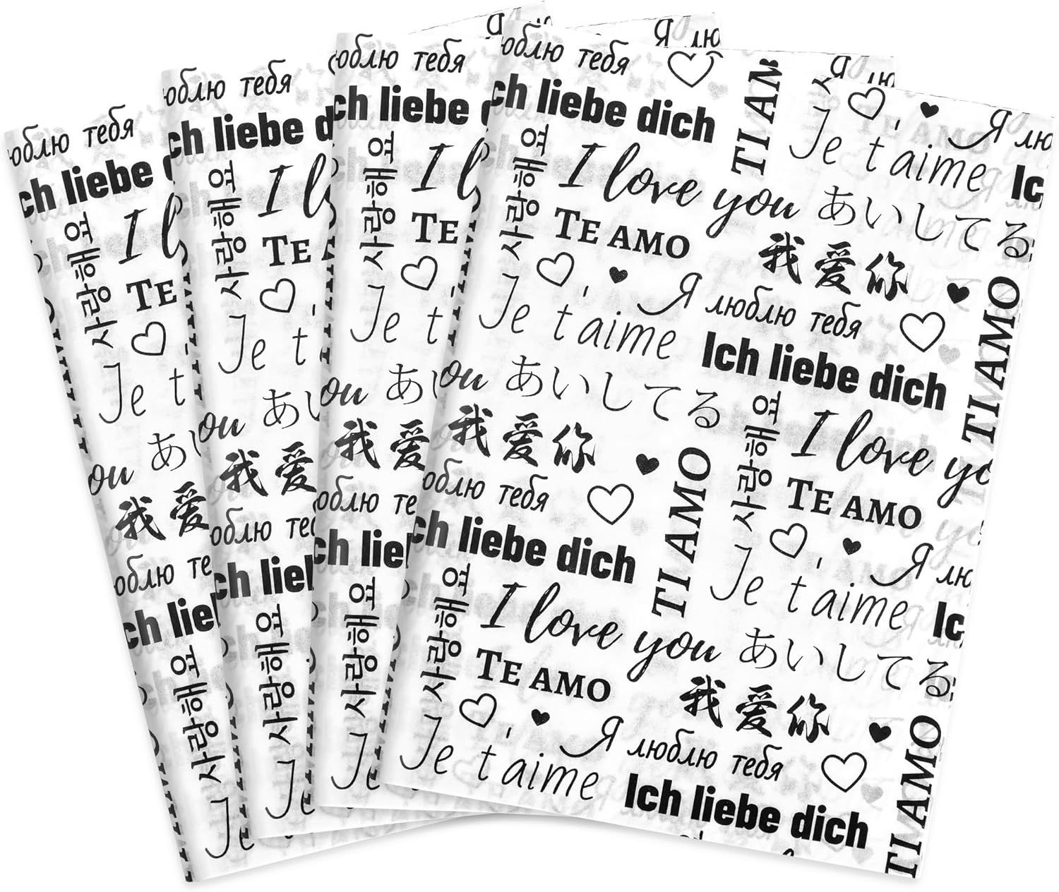 MR FIVE 100 Sheets Black I Love You Tissue Paper Bulk,14" x 20",White with Black Multi-Language Design Tissue Paper for Gift Bags Birthday,Valentine's,Mother's Day,Weddings