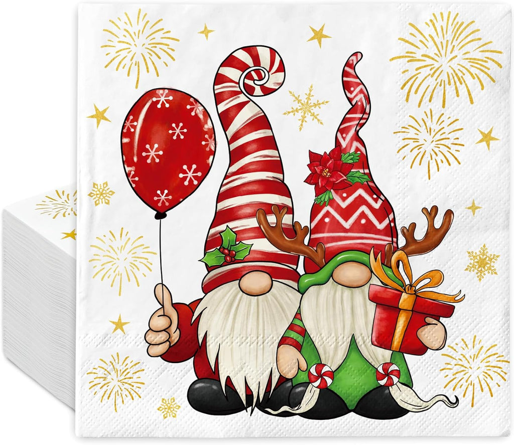80Pcs Christmas Paper Napkins Xmas Gnome Firework Disposable Napkins Decorative Luncheon Dinner Hand Napkins For Party Supplies Table Decor