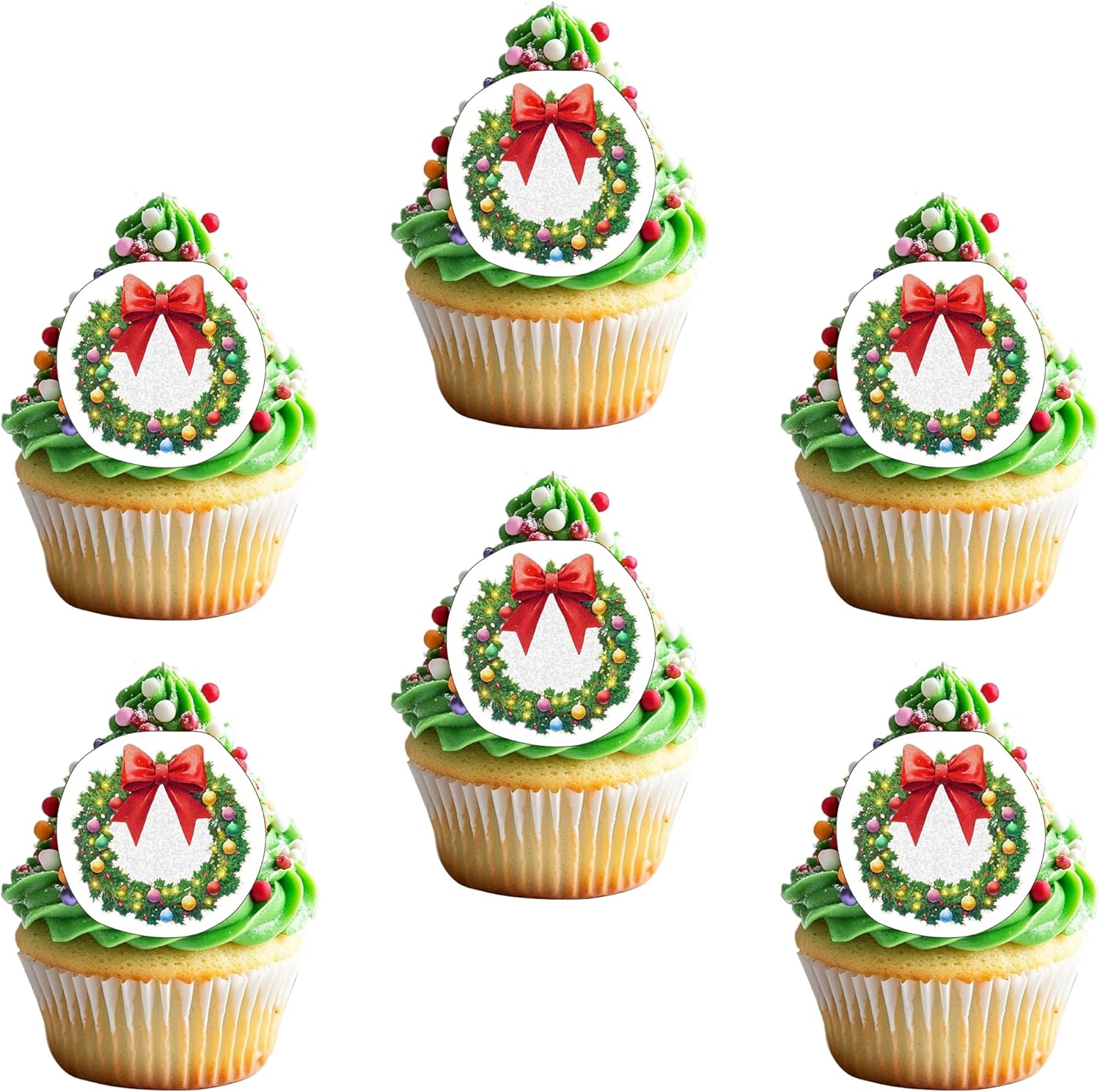 50 PCS Edible Christmas Wreath Cupcake Toppers with Berries and Red Bow Wafer Paper Christmas Wreath Cake Toppers Merry Xmas Party Decorations for Xmas Theme Baby Shower Birthday Party Decor Supplies