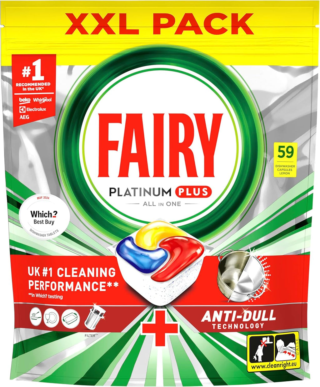 Fairy Platinum Plus All-In-1 Dishwasher Tablets Bulk, 59 Tablets, Lemon, XXL PACK, With Anti-Dull Technology & Rinse Aid Action