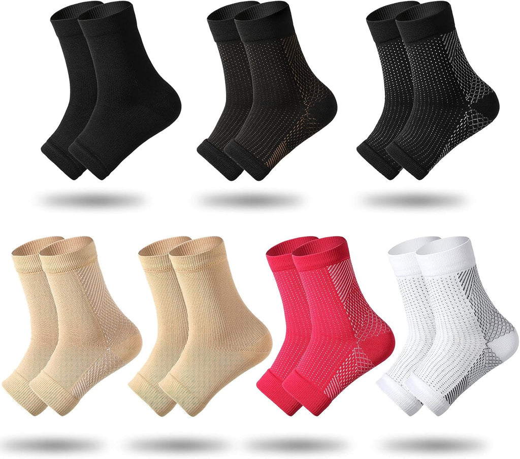 Geyoga 7 Pairs Ankle Compression Sleeves Ankle Brace Socks Plantar Fasciitis Relief Sock with Foot Arch Support for Women Men Relieves Foot Heel Pain(Size L, Size XL)