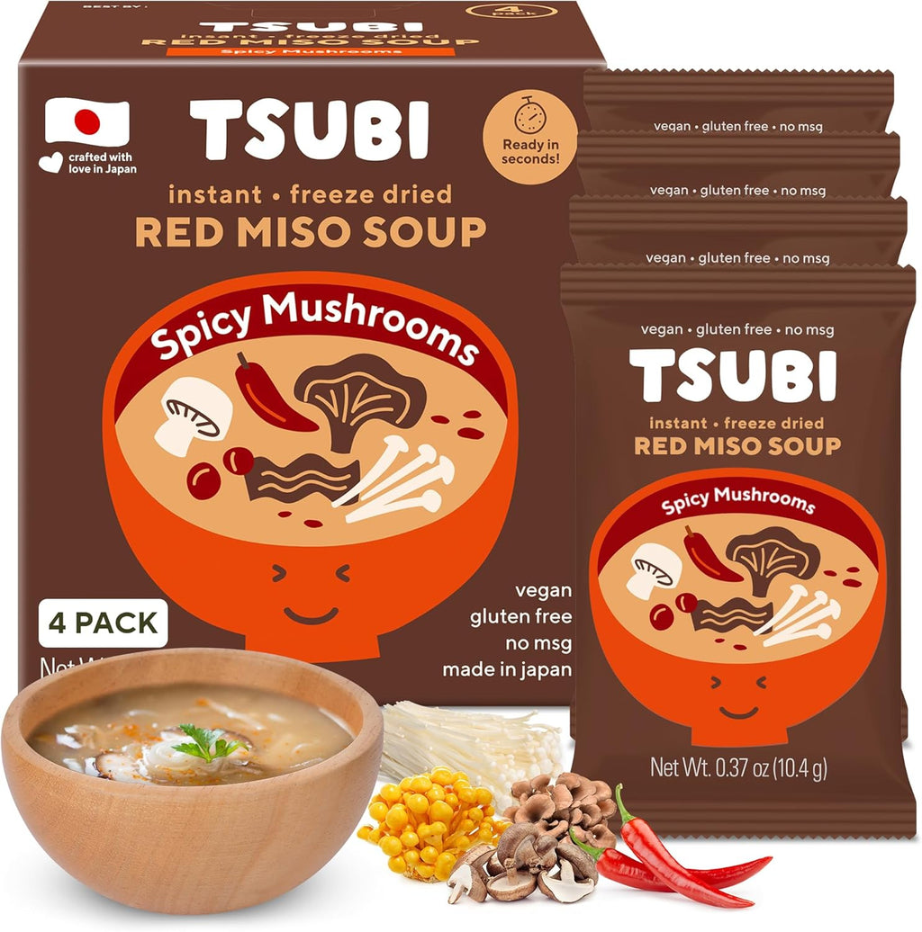 Tsubi Soup Freeze-Dried Japanese Miso Soup Packets - Instant, Vegan, Easy Mix, Gluten & MSG-Free, and Flavorful - Ready in Seconds -Made in Japan - Red Miso (Spicy Mushroom) - 4 Packs