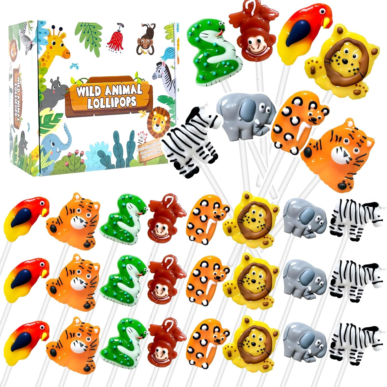 24 Ct African Savannah Animal-Shaped Lollipops Candy, Handmade Lollipops Suckers with unique designs and Fruit Flavors, Candies Lollipop Individually Wrapped Bulk for Zoo Theme Birthday