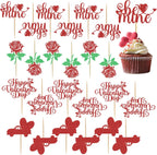 24pcs Happy Valentines Day Cake Toppers,Heart Glitter Sweet Love Theme Valentine'S Day Cupcake Toppers for Happy Birthday Wedding Party Supplies Cake Decorations(Red)
