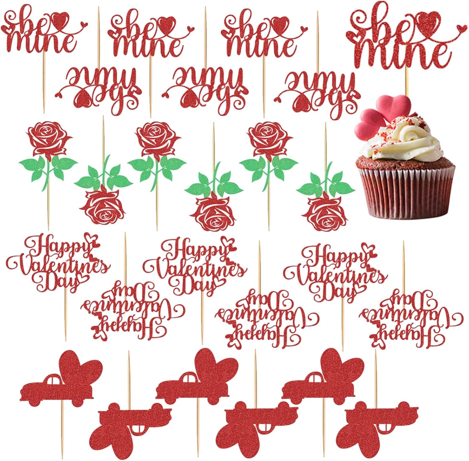 24pcs Happy Valentines Day Cake Toppers,Heart Glitter Sweet Love Theme Valentine'S Day Cupcake Toppers for Happy Birthday Wedding Party Supplies Cake Decorations(Red)