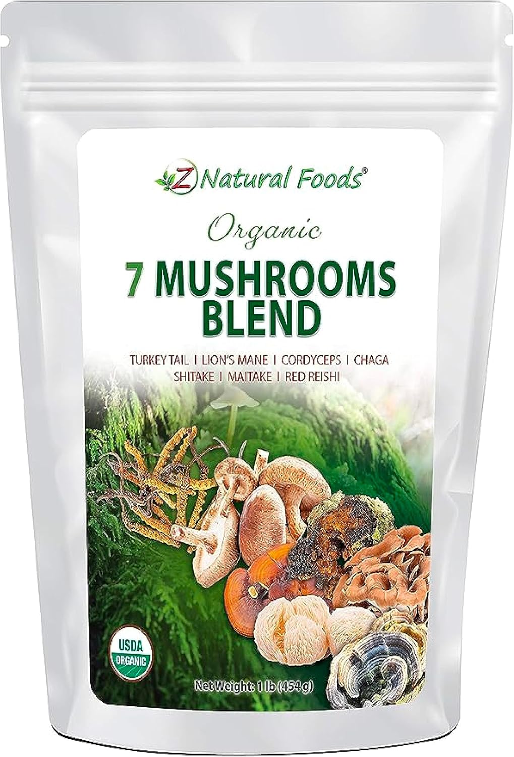 Z Natural Foods Organic 7 Sacred Mushrooms Blend - Lion’s Mane, Cordyceps, Chaga, Red Reishi, Shiitake, Maitake - Organic Mushroom Powder for Coffee, Smoothies, 1 lb