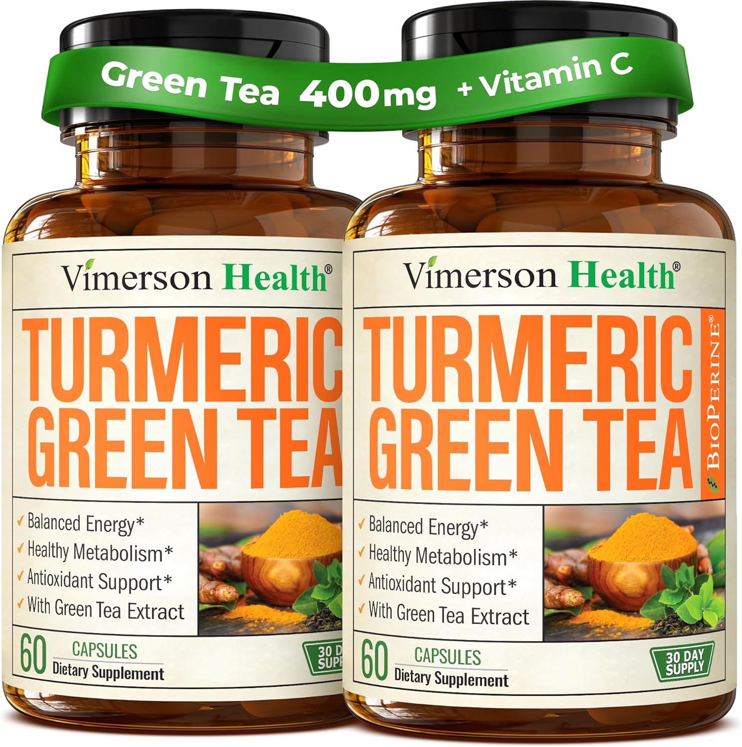 Turmeric Curcumin Supplement with Green Tea Extract (ECGC) & Vitamin C for Joint Health, Energy & Inflammation Balance - Organic Tumeric Curcumin with Black Pepper - Gluten-Free, Non-GMO. 2-Pack