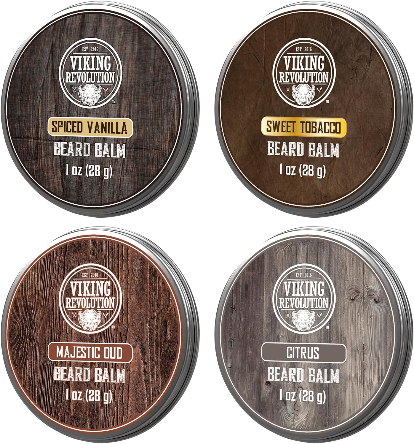 Viking Revolution 4 Beard Balm Variety Pack (1oz Each)- Spiced Vanilla, Sweet Tobacco, Majestic Oud, Citrus - Styles, Strengthens & Softens Beards & Mustaches - Leave in Conditioner Wax for Men
