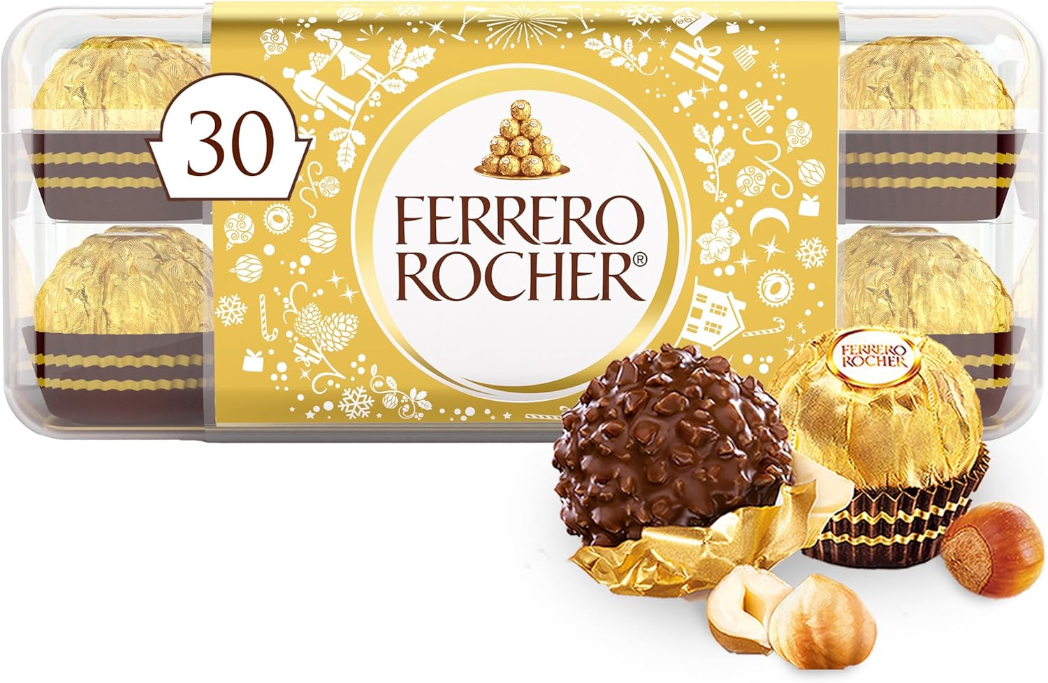 Ferrero Rocher Premium Gourmet Milk Chocolate Hazelnut Candy Gift Box, Individually Wrapped Chocolate Candy for Christmas, 30 Count, 13.2 oz