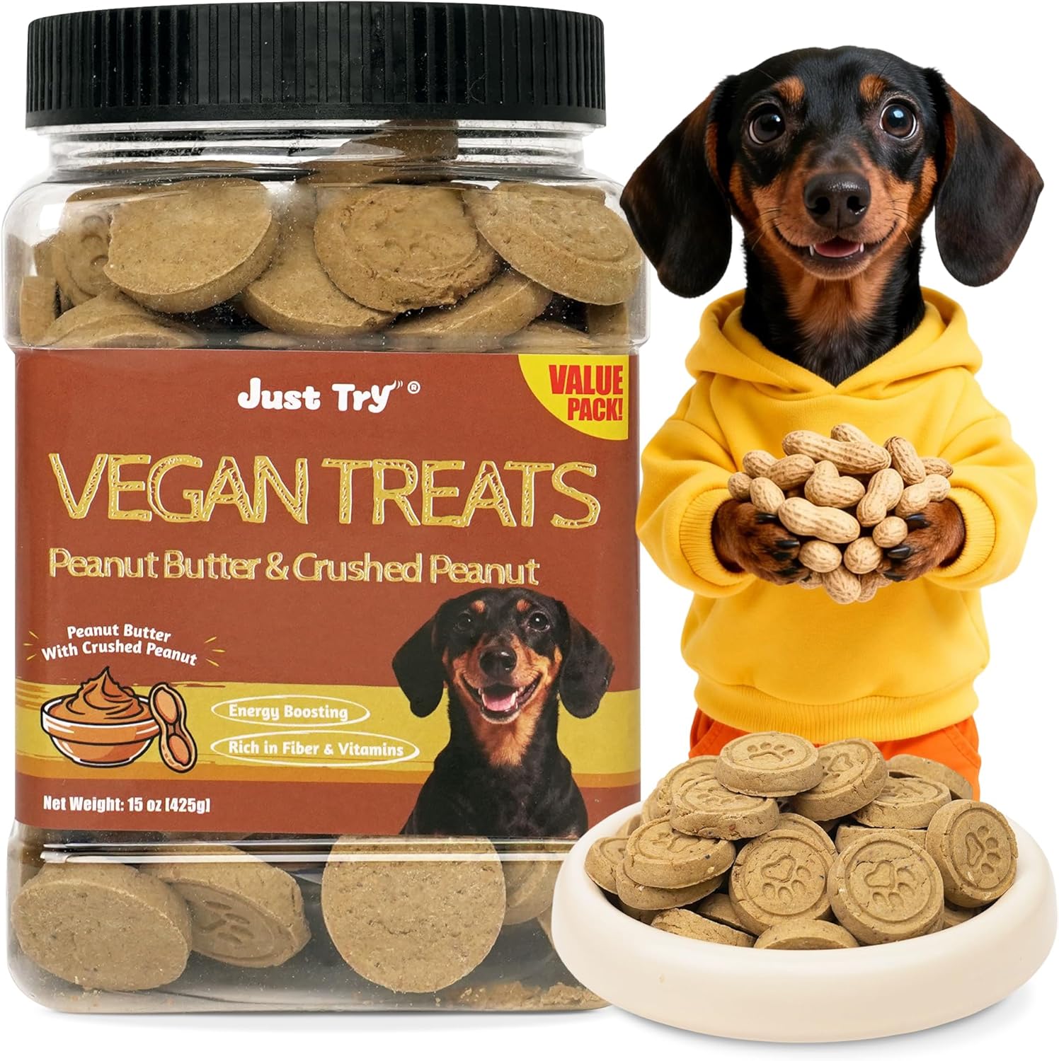 Just Try 15 OZ Peanut Vegan Treats Peanut Butter Dog Treats Energy Boosting Immune Support Dog Training Treats Healthy Dog Treats
