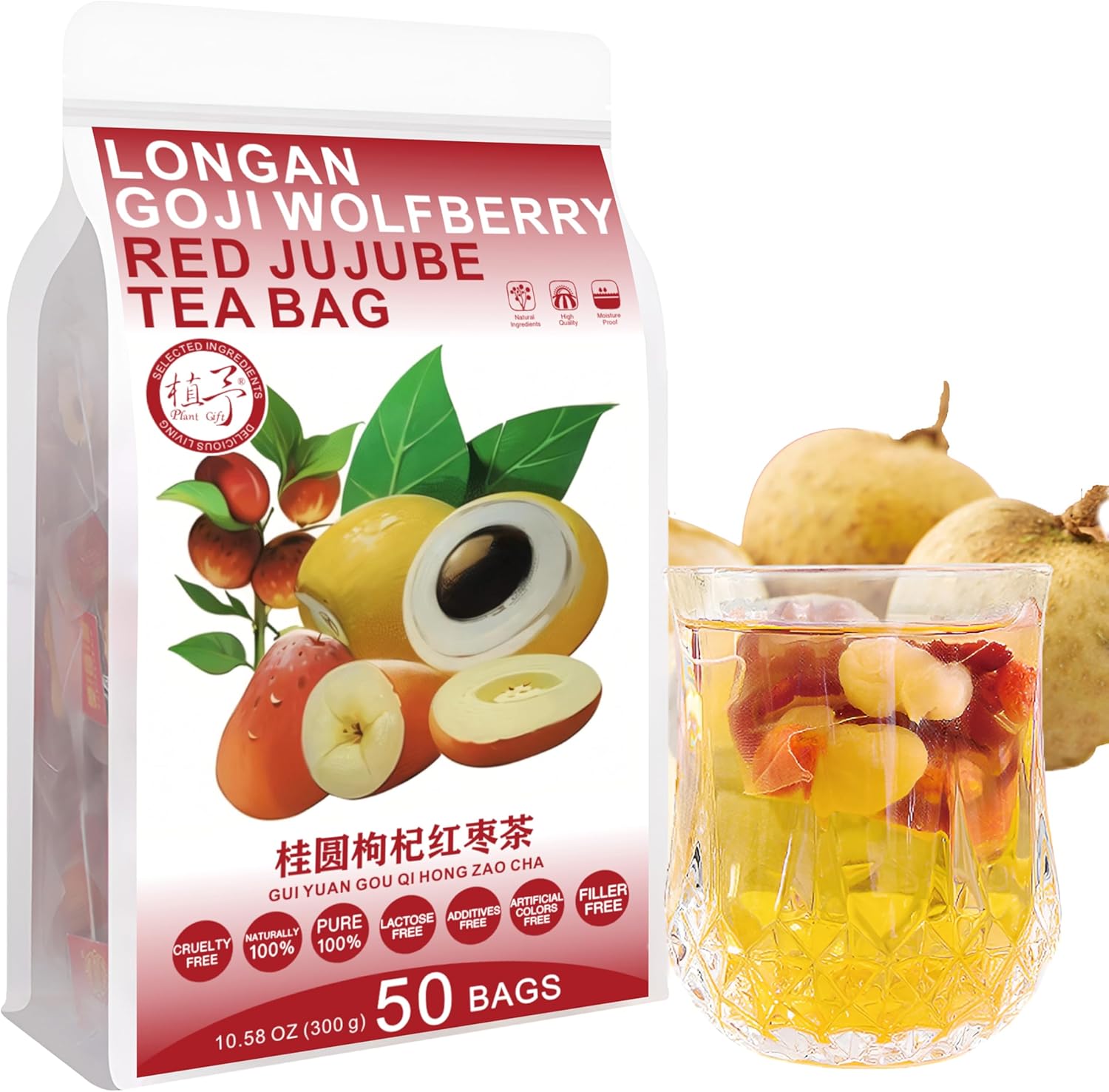 Plant Gift Longan Goji Wolfberry Tea Bags 10.58oz (6g*50bags) Longan, Wolfberry, Chinese Pure Nature, Health Care Mixed Tea, Combination of Floral Tea 300g 桂圆枸杞茶