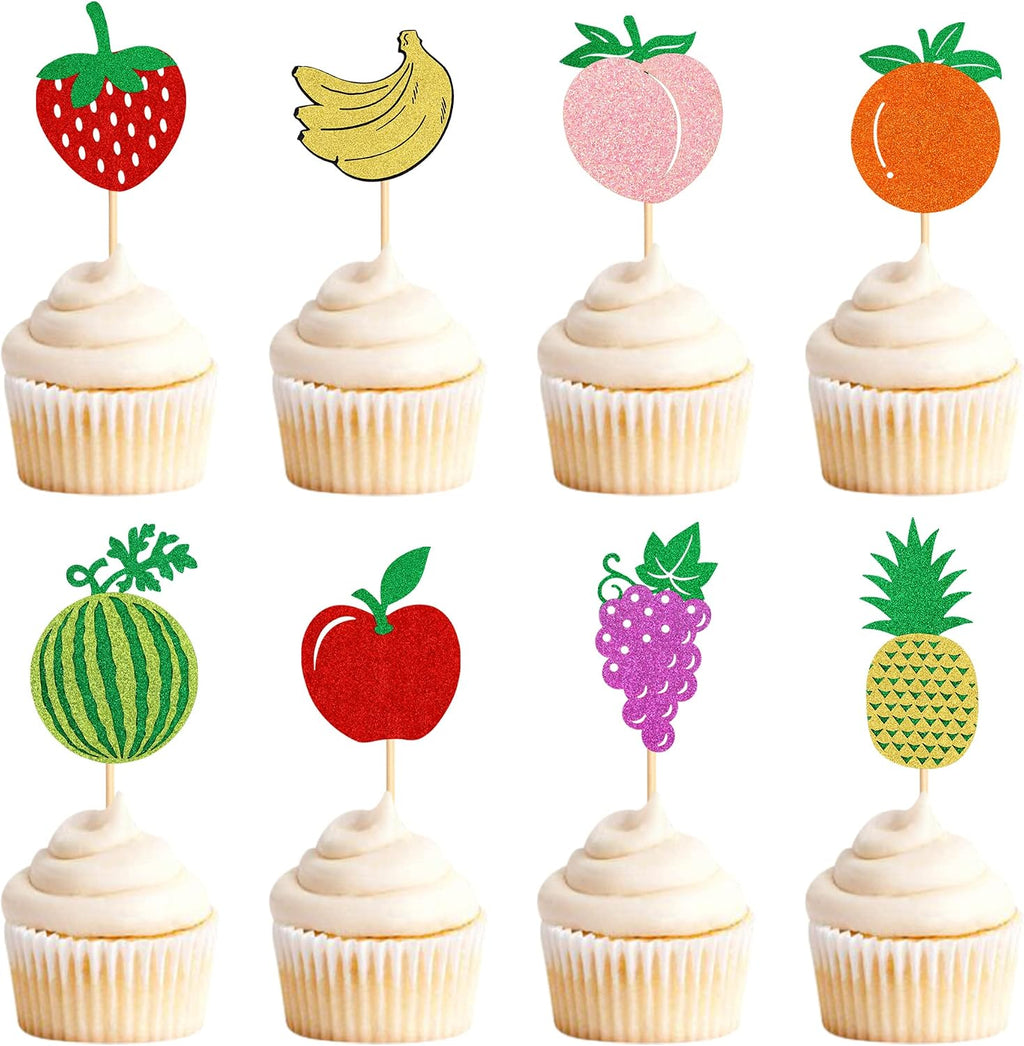 Ercadio 24 Pack Fruit Theme Cupcake Toppers Glitter Apple Orange Peach Strawberry Banana Cupcake Picks Hawaii Fuit Cupcake Decor for Birthday Party Decoration Supplies