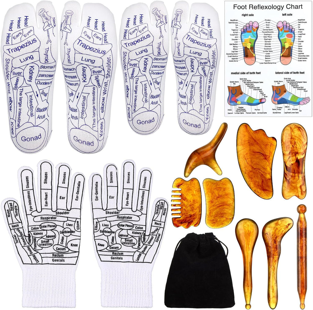 Threlaco 16 Pcs Reflexology Socks and Gloves with Tools Foot Reflexology Socks with Acupressure Gloves & 8 Pcs Massage Point Tools Foot Relief Acupressure Massager Set for Women and Men(Amber)