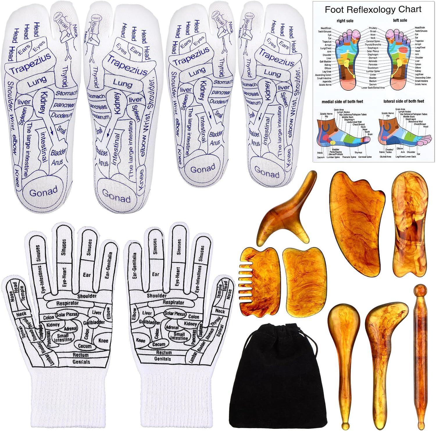 Threlaco 16 Pcs Reflexology Socks and Gloves with Tools Foot Reflexology Socks with Acupressure Gloves & 8 Pcs Massage Point Tools Foot Relief Acupressure Massager Set for Women and Men(Amber)