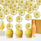 60Pcs Edible Daisy Cupcake Toppers Wafer Paper Flower Cake Topper Decorations Flower Chrysanthemum Party Decorations for Birthday Wedding Kids Birthday Party Supplies Yellow