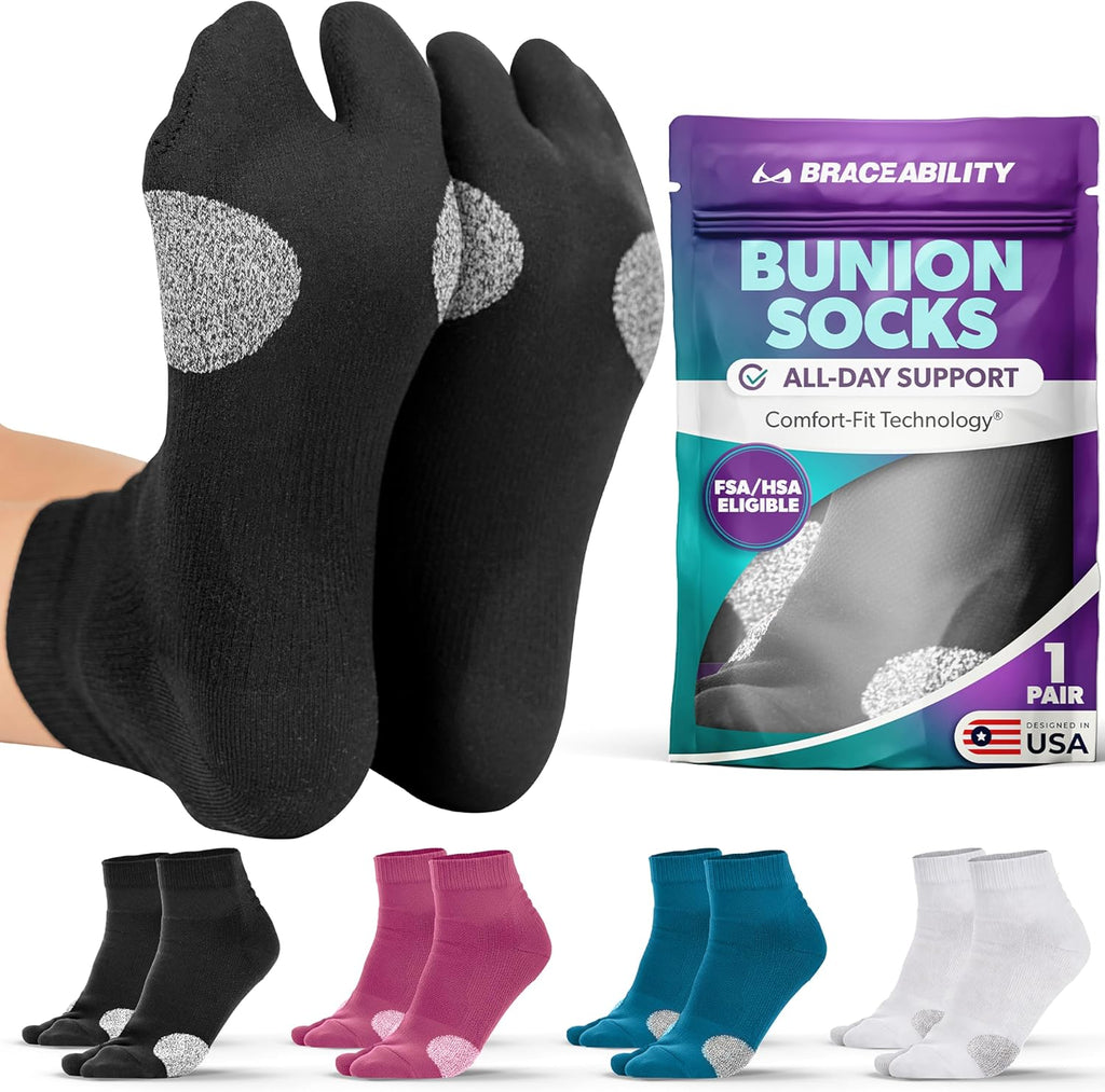 BraceAbility Bunion Relief Socks - Split-Toe Bunion Socks for Women and Men with Arch Support, Big Toe Separator, Hallux Valgus and Bunionette Relief, Left and Right Fit (1 Pair, M - Black)