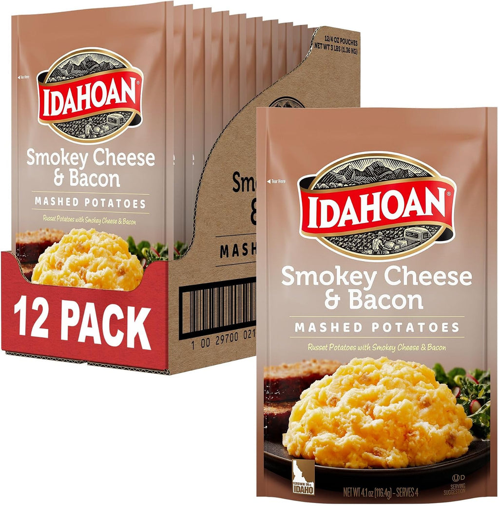 Idahoan Smoky Cheese & Bacon Mashed Potatoes, Naturally Gluten-Free, 100% Real Idaho Potatoes, 4 servings per bag, 4 ounce (Pack of 12)