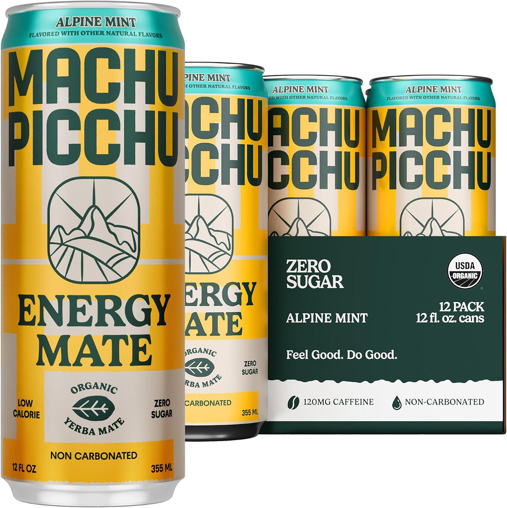 MACHU PICCHU 12-Pack-Alpine Mint Zero Sugar Energy Mate Drink – Non-Carbonated Yerba Mate, 120mg Organic Caffeine, Smooth Focus Without Jitters or Crash, Low Calorie, USDA Organic, 12oz Cans