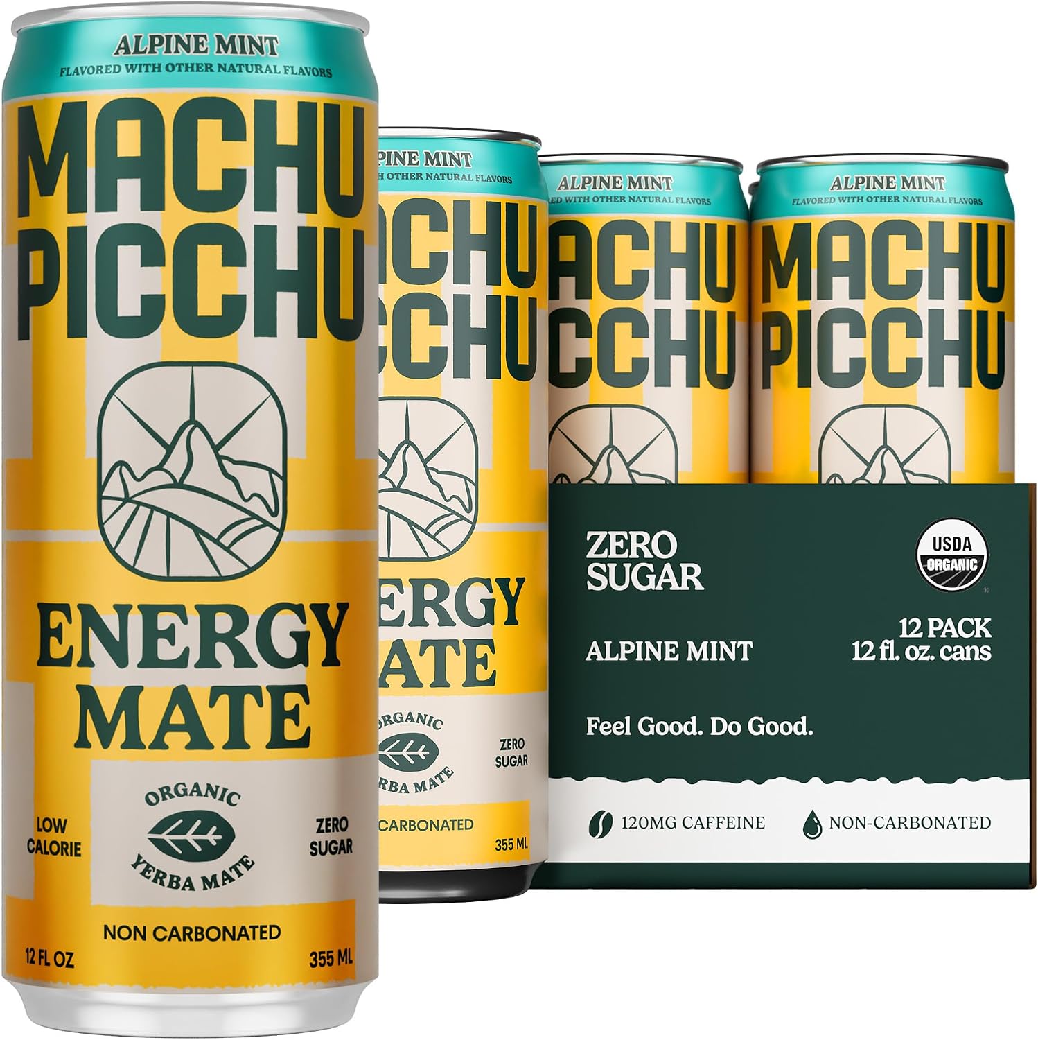 MACHU PICCHU 12-Pack-Alpine Mint Zero Sugar Energy Mate Drink – Non-Carbonated Yerba Mate, 120mg Organic Caffeine, Smooth Focus Without Jitters or Crash, Low Calorie, USDA Organic, 12oz Cans