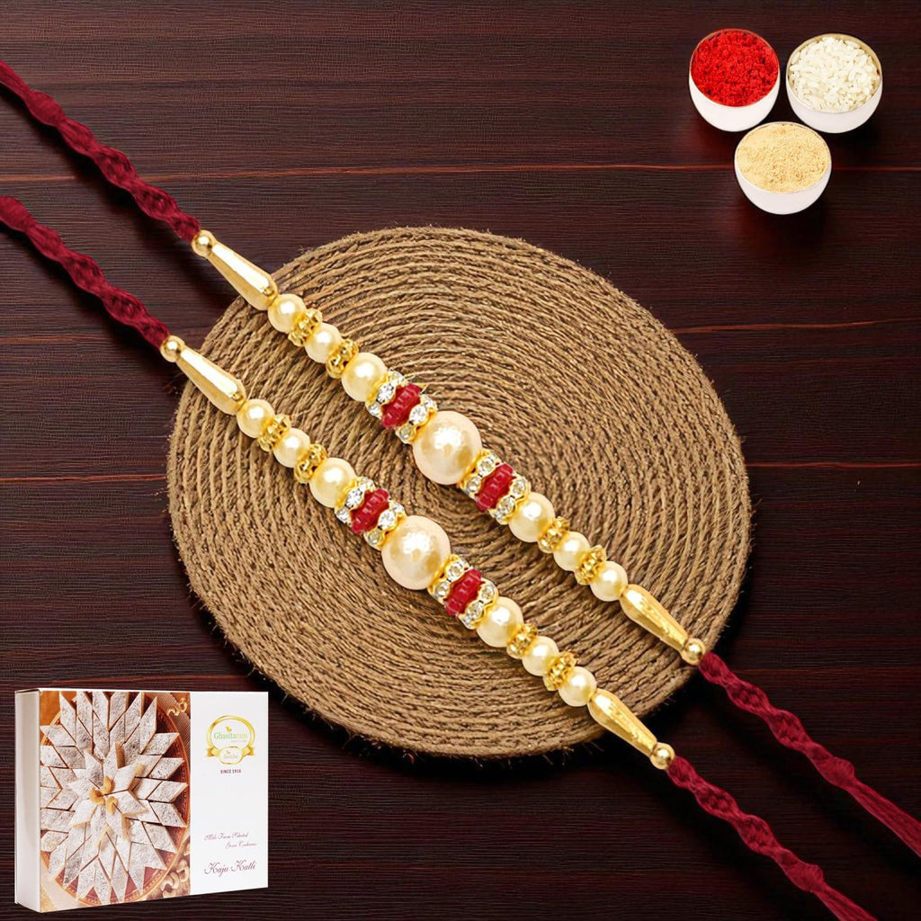 Ghasitaram Gifts Rakhi for Brother Rakhis Online - Set of 2 - Y-83 Pearl rakhi with 200 gms of Kaju katli