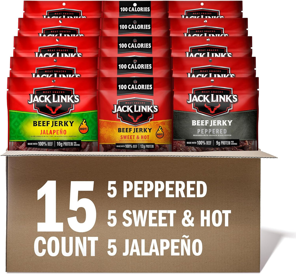 Jack Link's Beef Jerky Bold Variety Pack - Includes Sweet & Hot, Jalapeno and Peppered Jerky, Bulk Protein Snack Pack, Good Source of Protein, Meat Snacks Made with 100% Beef - 1.25 Oz (Pack of 15)