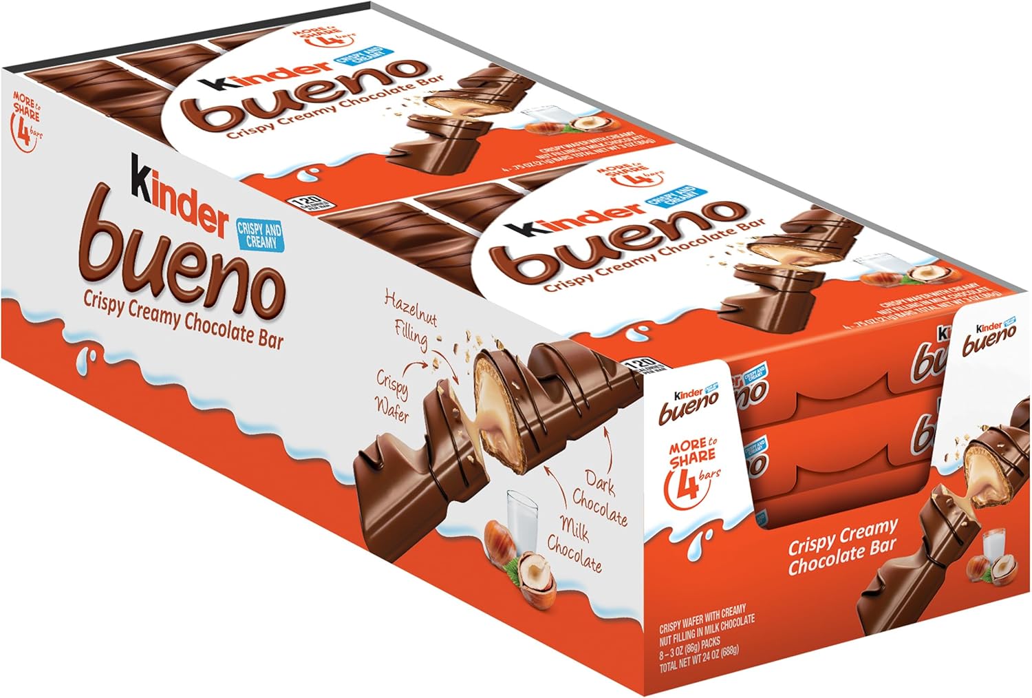 Kinder Bueno Milk Chocolate and Hazelnut Cream, 8 Pack, 4 Individually Wrapped Chocolate Bars, 3 oz Each