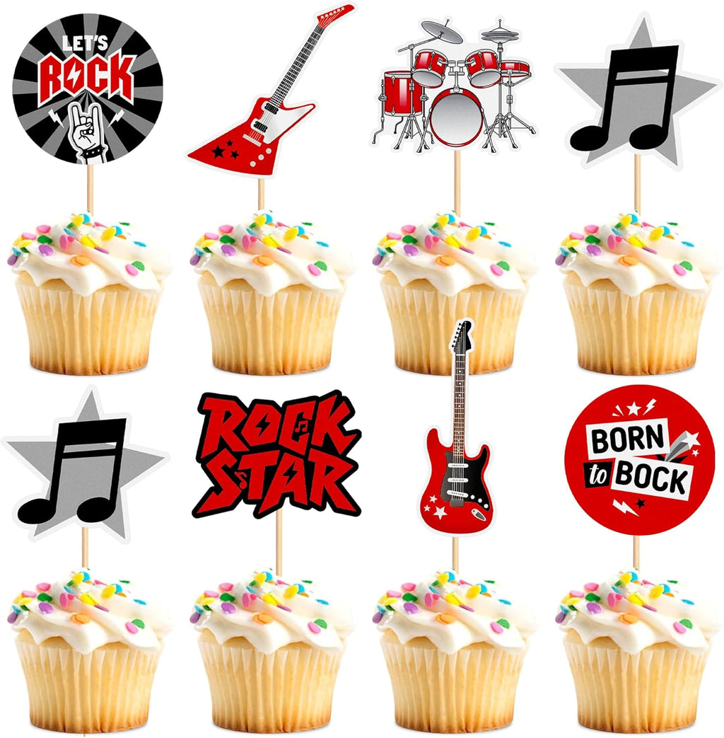 Ercadio 28Pcs Printed Rock and Roll Cupcake Toppers Electric Guitar Drum Kit Record Cupcake Picks for Rocking Music Baby Shower Rock Musician Concert Party Cake Decorations Supplies