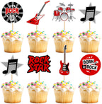 Ercadio 28Pcs Printed Rock and Roll Cupcake Toppers Electric Guitar Drum Kit Record Cupcake Picks for Rocking Music Baby Shower Rock Musician Concert Party Cake Decorations Supplies