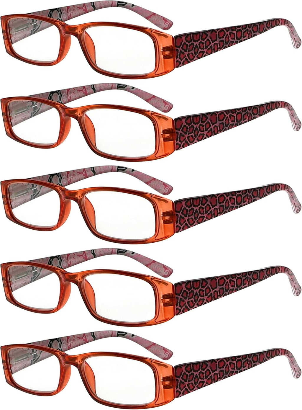 Eyekepper 5-Pack Spring Hinges Tiger Patterned Temples Rectangular Reading Glasses Readers Red +0.5