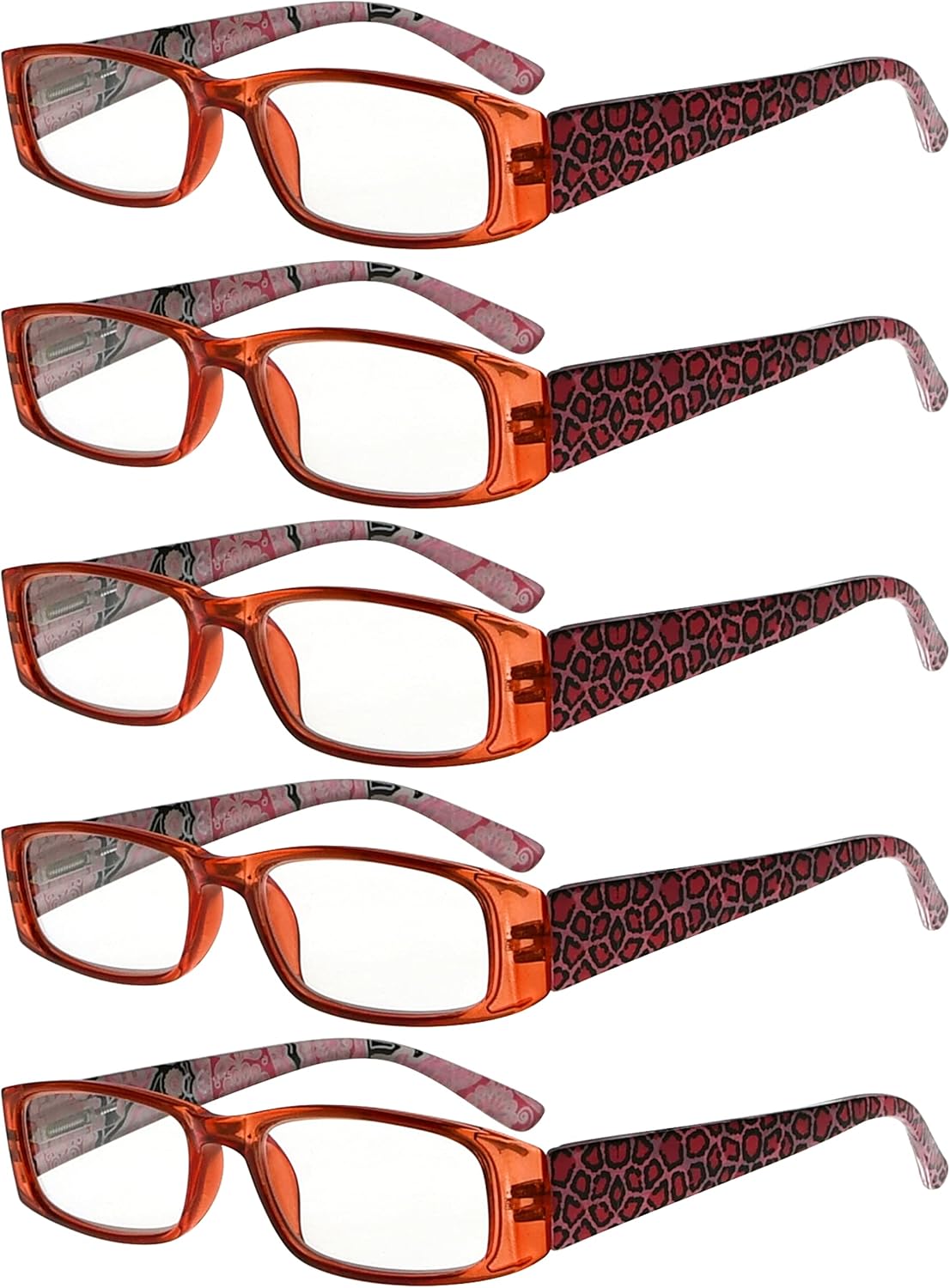 Eyekepper 5-Pack Spring Hinges Tiger Patterned Temples Rectangular Reading Glasses Readers Red +0.5