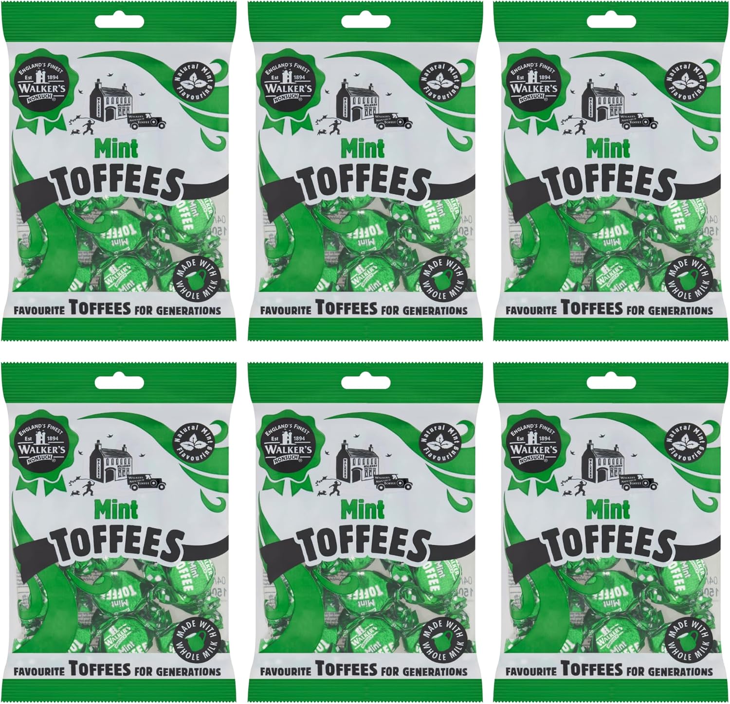 Walkers Nonsuch British Mint Toffee Candy 5.29 Oz (Pack of 6) - Mint Flavor, Whole Milk Toffee, Individually Wrapped Chewy Candy Pack, Classic English Sweets, Imported UK