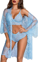 Avidlove Women Sexy Lingerie Set 3 Piece Bra and Panty Sets with Lace Kimono Robe Sleepwear Mesh Nightgown
