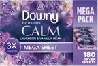 Downy Calm Mega Dryer Sheets, Large Fabric Softener Sheets for Laundry , Static Guard & Softness Boost, Laundry Dryer and Fabric Sheets, 180 Count