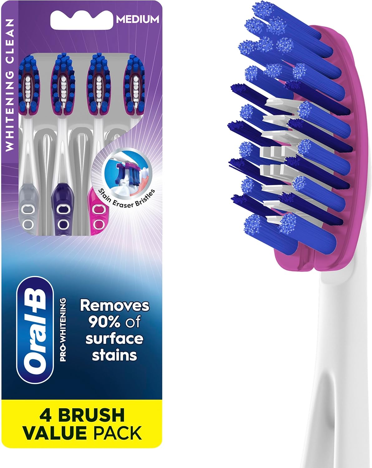 Oral-B 3D White Deep Stain Remover toothbrushes, 4 Count Toothbrush Medium, Removes 90% of Surface Stains, whitens Teeth, deep Reach, removes Plaque and Stains Tooth Brush