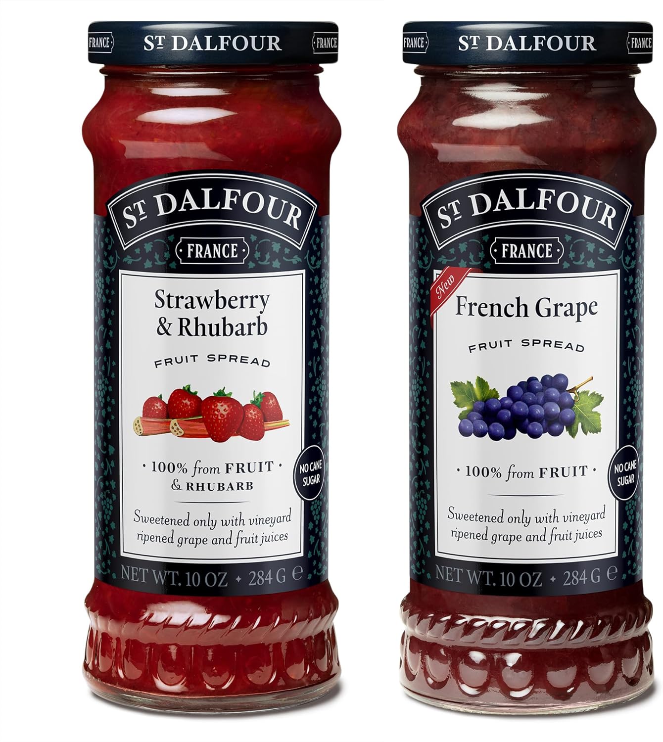 St. Dalfour Strawberry & Rhubarb and French Grape Fruit Spread Bundle, 10 oz Each - 100% from Fruit, No Artificial Ingredients, All Natural