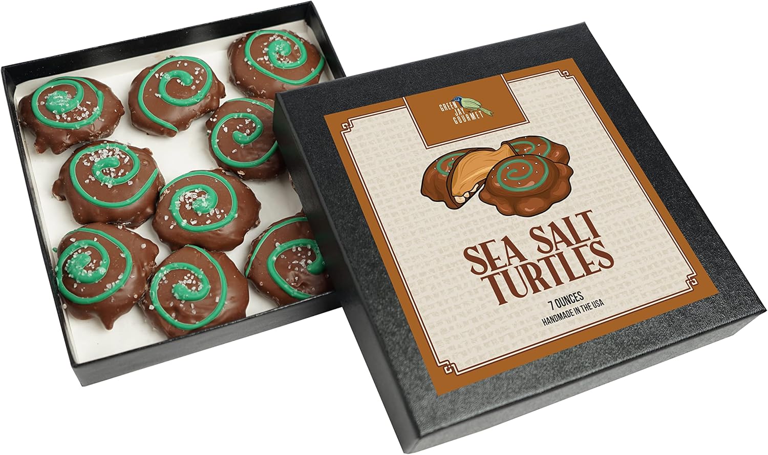 Green Jay Gourmet Sea Salt Chocolate Turtles - Sweet Milk Chocolate Covered Pecans & Caramel Delights - Premium Birthday, Valentine's Day, Holiday, Christmas Candy Gifts - Handmade in the USA, 7oz Box