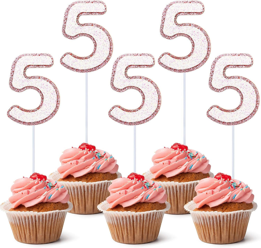 10 Pcs Number 5 Cupcake Toppers Pink Glitter Cupcake Decoration for Number 5 Birthday Party Cupcake Decor Supplies