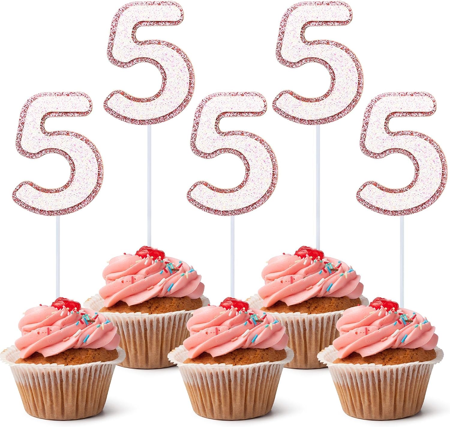 10 Pcs Number 5 Cupcake Toppers Pink Glitter Cupcake Decoration for Number 5 Birthday Party Cupcake Decor Supplies