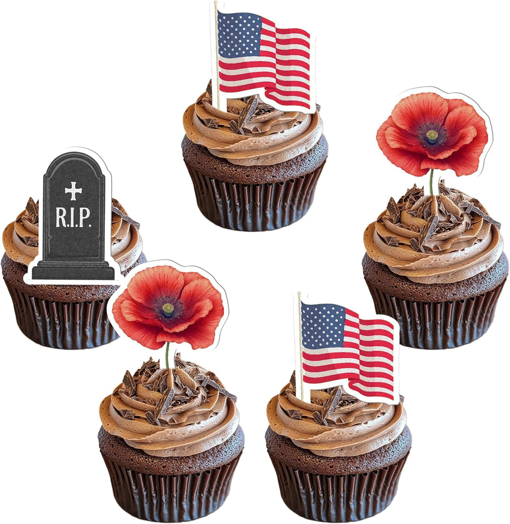 50 PCS Edible Memorial Day Cupcake Toppers Wafer Paper Red Poppy American Flag Tombstone RIP Cake Toppers Edible Patriotic Theme Remembrance Party Decorations for Veterans Day Party Dessert Supplies